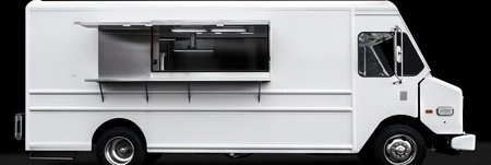 White commercial delivery van on a black background. 3d rendering.の素材