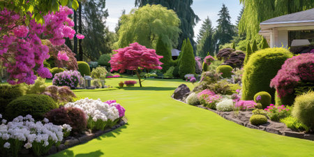 Luxury flower garden design. Beautiful landscaping in the garden.の素材