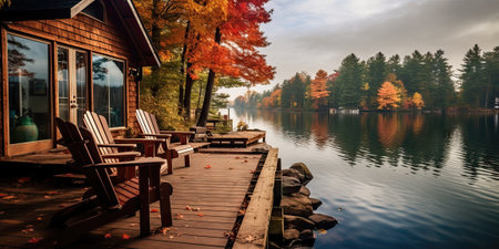 Autumn lake with wooden house and chairs on the shore. Beautiful autumn landscape.の素材
