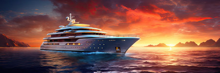 Cruise ship in the sea at sunset. 3d illustration.の素材