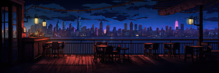 Night view of the city from a restaurant terrace. Vector illustrationの素材