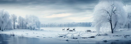 Winter landscape with frozen river and trees. Panoramic image.の素材
