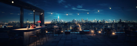 New York City panoramic view from rooftop terrace at nightの素材
