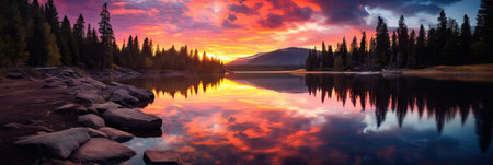Panoramic view of a beautiful lake at sunset. Rocky Mountain National Park, Colorado, USA.の素材