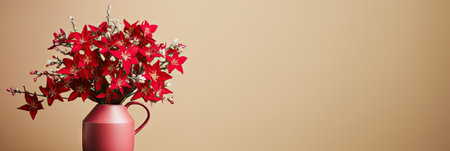Christmas bouquet of poinsettia in a vase on a beige backgroundの素材