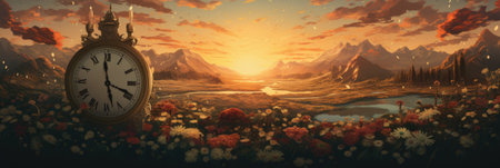 Vintage clock in the meadow at sunset. 3d renderingの素材