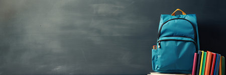 Back to school concept. School supplies on blackboard background. Bannerの素材