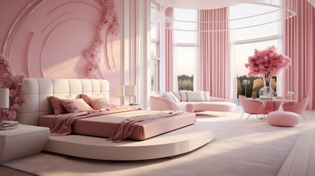 3d rendering of a pink bedroom with a large window in the backgroundの素材