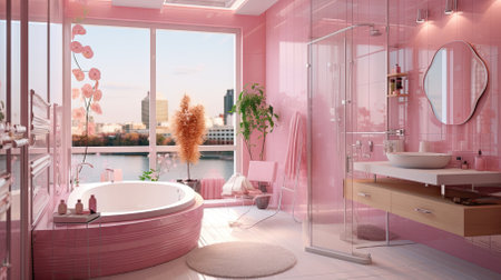Modern bathroom with pink walls, panoramic window overlooking the city. 3d renderingの素材
