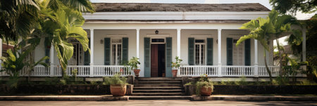 Panorama of old house with white wooden door and windows in tropical gardenの素材