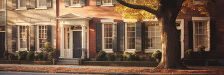 Row of old brick houses with windows and autumn leaves in a row in Boston, Massachusetts.の素材