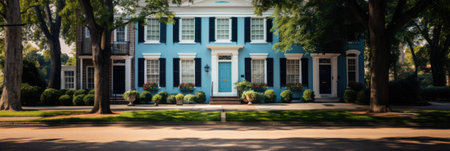 Luxury mansion in Washington DC, USA. Beautiful old classic home with blue walls and windows.の素材