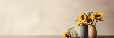 Sunflowers in vase on wooden table, banner with copy spaceの素材