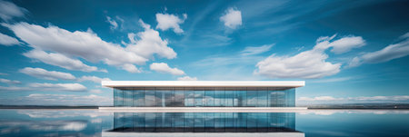 Modern office building with reflection on water. Panoramic banner.の素材