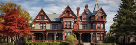 Panoramic view of a beautiful old house in fall season.の素材