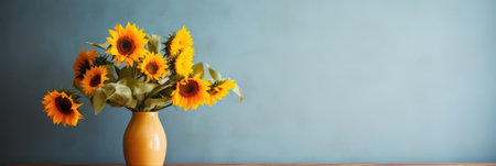 Bouquet of sunflowers in vase on blue backgroundの素材