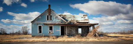 Abandoned house in a rural area. Blue sky with clouds.の素材