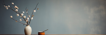 Bouquet of cherry blossoms in vase on wooden tableの素材