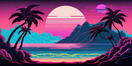 Seascape with palm trees and sunset. Vector illustration in neon colorsの素材