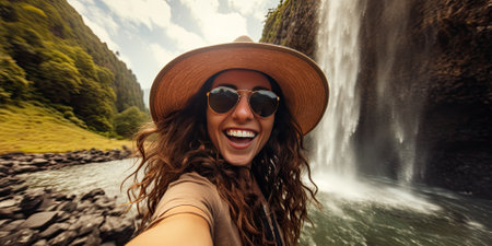 Happy woman taking a selfie in front of a waterfall on a sunny dayの素材