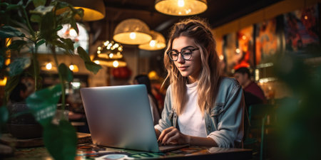 Young woman working on a laptop in a cafe. Freelance business concept.の素材