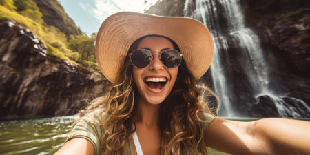 Happy woman taking selfie with smartphone on the background of waterfall in mountainsの素材