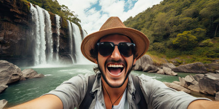 Traveler taking selfie on the background of a waterfall in the mountainsの素材