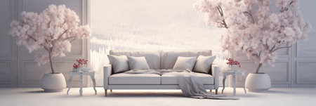 Modern interior design living room with white sofa 3D rendering Illustrationの素材