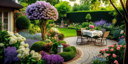 Beautiful flower garden with table and chairs in the summer time.の素材