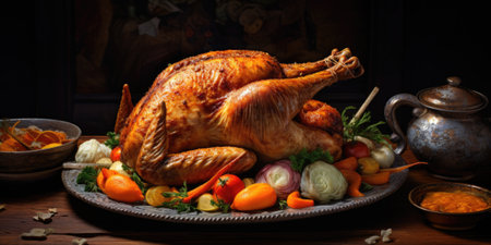 Roast chicken with vegetables on a wooden table. Thanksgiving Day.の素材