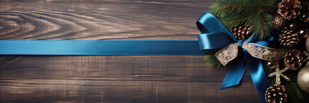 Christmas decoration with blue ribbon on wooden background. Top view with copy spaceの素材