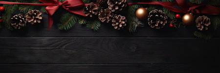 Christmas background with fir branches, pine cones and red ribbon on black wooden backgroundの素材