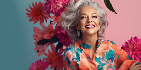 Beautiful woman with flowers. Portrait of a beautiful woman with flowers.の素材