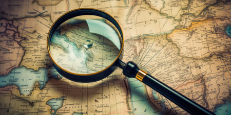 Magnifying glass on old map, vintage toned. Travel conceptの素材