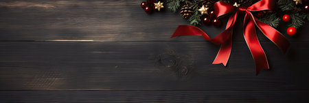 Christmas background with fir tree branches and red bow on dark wooden board.の素材