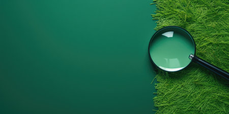 Magnifying glass on green grass background. Top view with copy spaceの素材