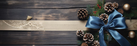 Christmas decoration on wooden background. Top view with copy space. Flat lay.の素材