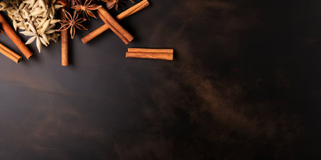 Cinnamon sticks, star anise and cloves on a dark backgroundの素材