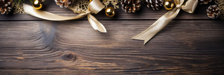 Christmas decoration on wooden background. Top view with copy space for your text.の素材