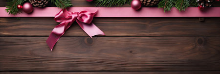 Christmas background with fir tree branches, baubles and pink ribbon on wooden boardの素材
