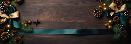 Christmas background with fir branches, pine cones and christmas decorations on dark wooden background.の素材