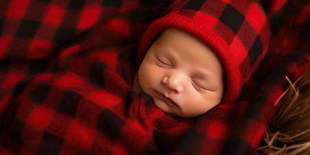 Newborn baby boy sleeping in a red plaid blanket, close upの素材