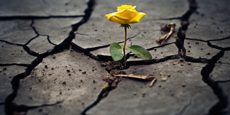 Yellow rose growing on cracked earth. Concept of drought and global warmingの素材