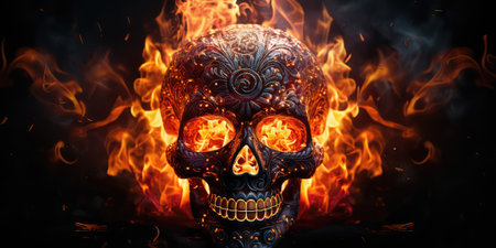 Skull on fire background. Halloween concept. 3D Renderingの素材