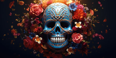 Day of The Dead skull with flowers on dark background. 3d illustrationの素材