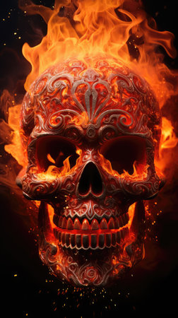 Skull with fire flames. Halloween background. 3d illustration.の素材