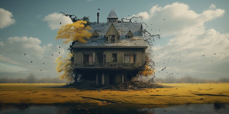 3d rendering of a haunted house in the flood of a lakeの素材
