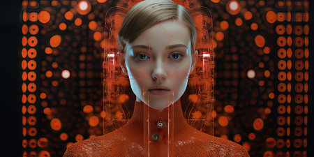 Futuristic cyberpunk woman with futuristic interface. 3d renderingの素材