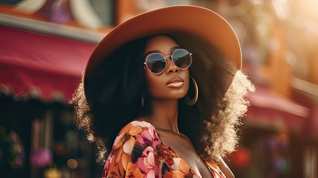fashion outdoor photo of beautiful sensual woman with dark hair in elegant dress and hat posing on summer streetの素材