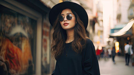 Fashionable young woman in hat and sunglasses walking in the cityの素材